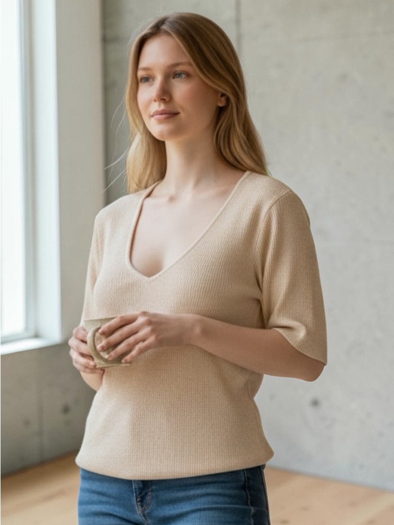 Terra & Skye Beige Ribbed Scoop Neck Women's Sweater Short Sleeve Top 2 Xl